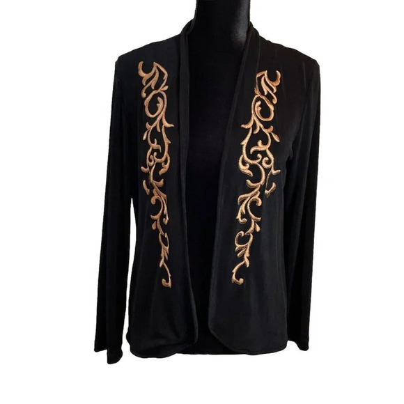 Wear it Women’s 1 US Medium Black Open‎ Cardigan Slinky Gold Embroidered VTG - Picture 1 of 9